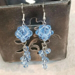 Handcrafted Swingy Diva Blue Glass Bicone Beads Baroque Dangle Earrings